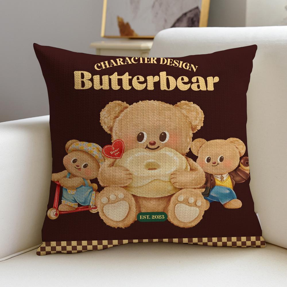 Cute BButter BearS Cushion Cover Breathable and Skinfriendly Linen Pillowcase Square Removable and Washable Cushion