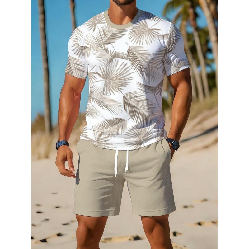 Men's Sports Short Sleeve Top Shorts Set Plus Size Breathable Basketball Sports Clothing Palm leaf Print T-shirt Shorts 2-piece Set