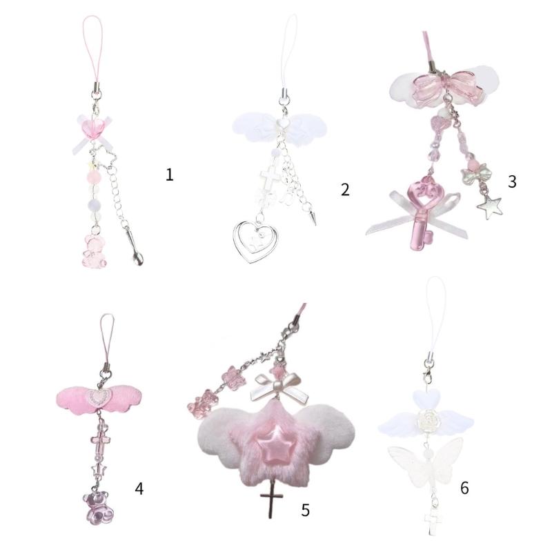 Sweet Bowknot Phone Charm Angel Wing Pendant Keychain for Bag Accessory Phone Strap Lanyard Beaded Key Chain Jewelry