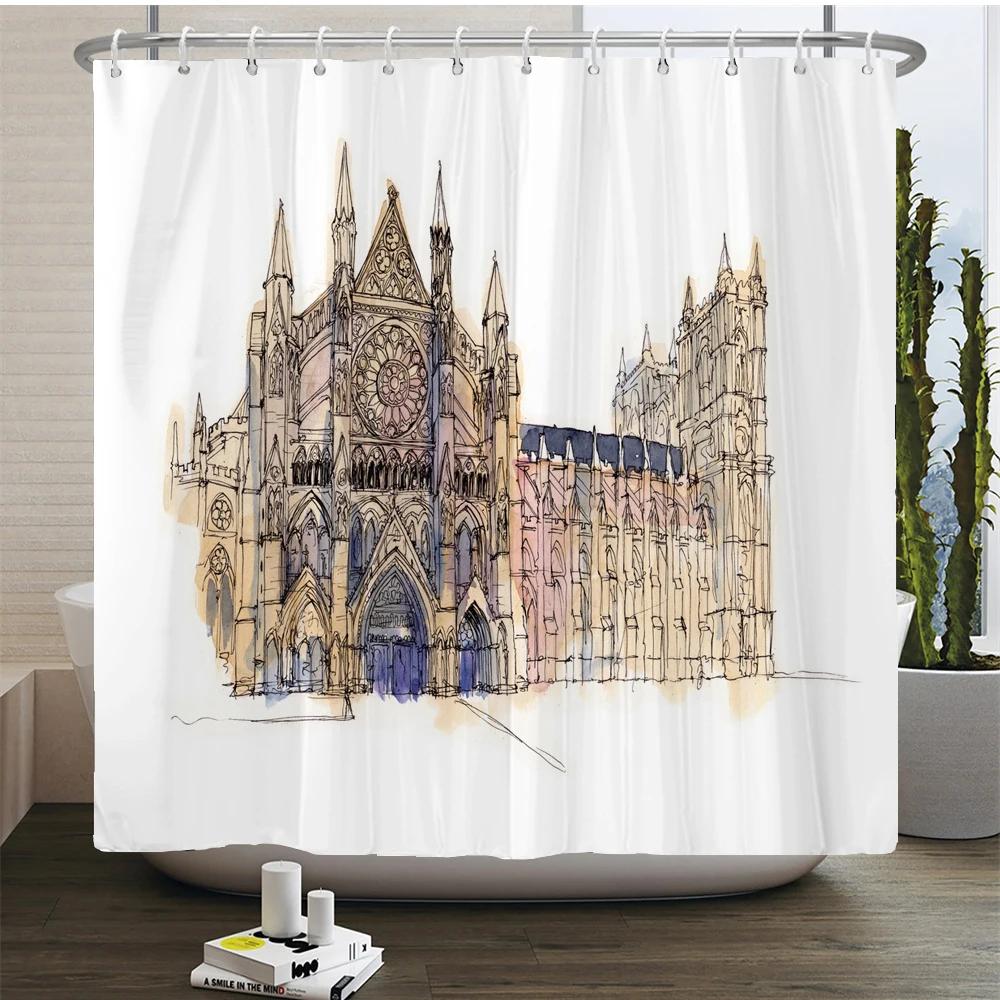 

Art Line Drawing Scenery Shower Curtain Waterproof Polyester Bathroom Curtain Room Decor Bathtub Curtain Textured With Hooks W90xH180cm