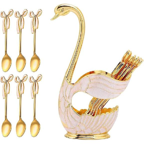 Metal Spoon Set Includes Swan Base Holder And 6 Spoons, Coffee Dessert Flatware Dinnerware Set With Organizer (Silver)