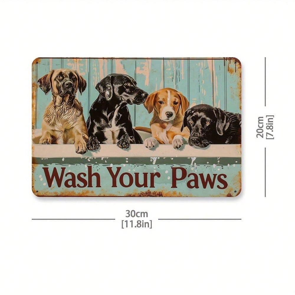 Vintage Wash Your Paws Dog Tin Sign Rustic Pet Wall Art Decor Playful Puppy Distressed Teal