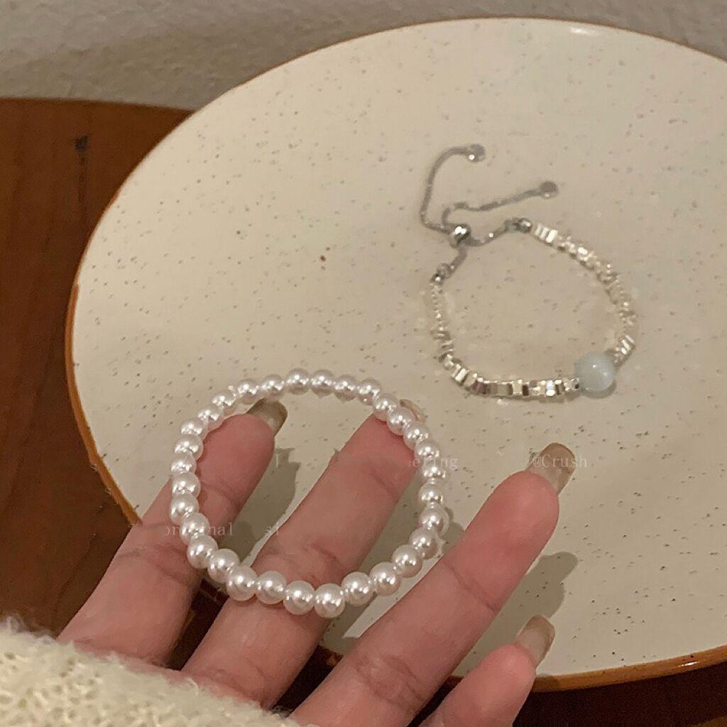 Broken Silver~ Moonstone Pearl Bracelet Women'S Light Luxury Niche Exquisite Bracelet Cold Wind Girlfriend Jewelry