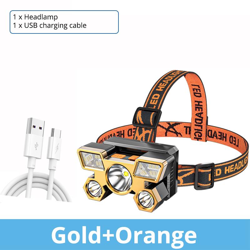 Five-Head LED USB Rechargeable Headlamp Super Bright Portable Head Flashlight Working Light Head-Mounted Fishing Camping Lantern