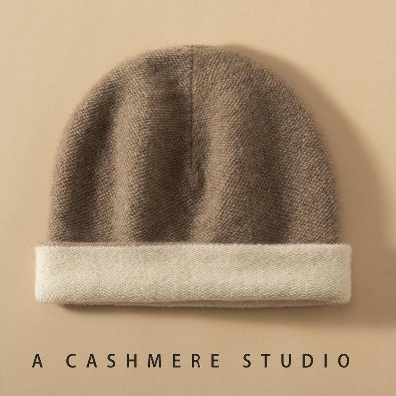 Women's Double-Sided 100% Pure Cashmere Beanie - Versatile Warm Knit Hat for Autumn/Winter