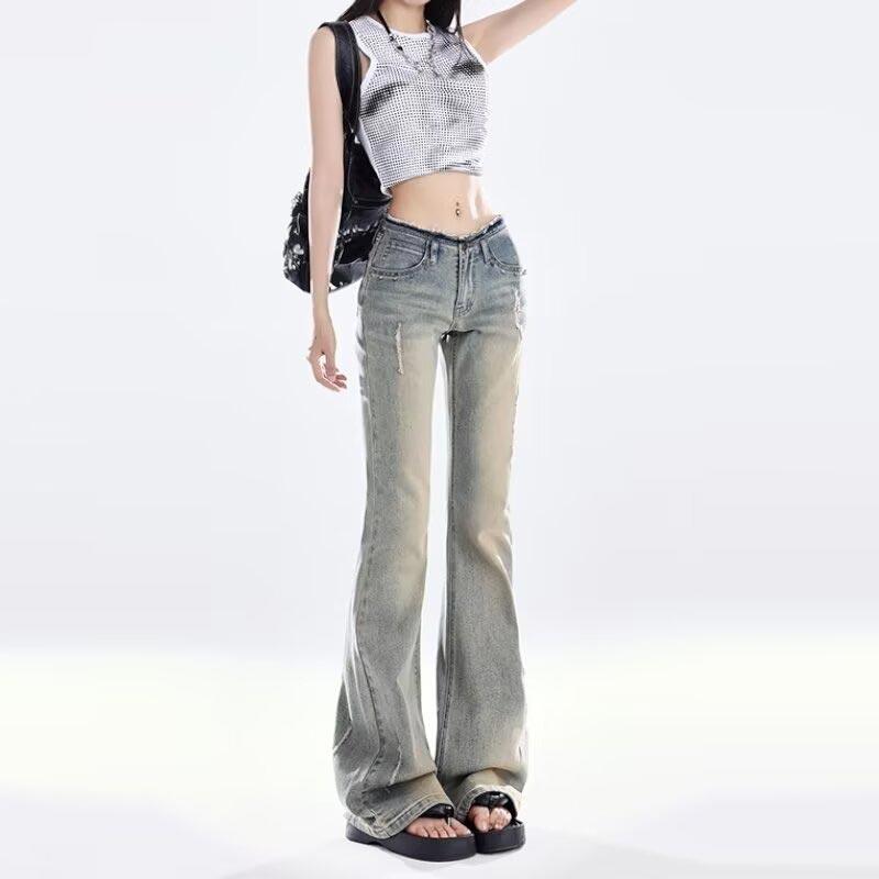 

Расклешенные джинсы с необработанными краями для женщин, весна-осень, ретро, облегающие джинсы с низкой талией, модная женская одежда 2000 года, большие размеры M