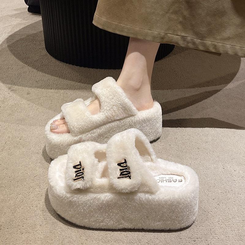 Popular Xiaoxiang thick-soled fluffy slippers for women to wear in spring and autumn, advanced sense 2025 new European high-heeled fluffy
