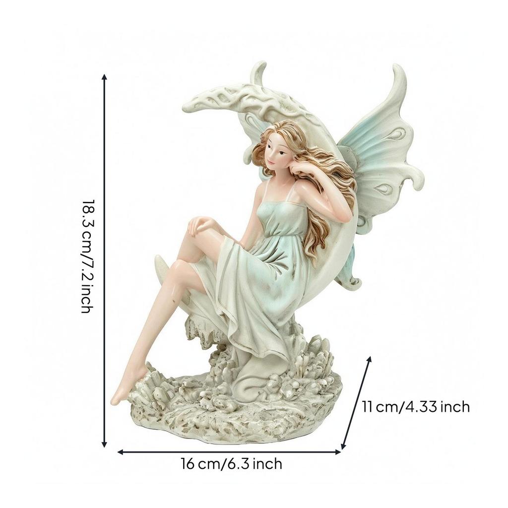 Figurina Incantatrice Luna Verde Pallido e Curva Ornamento Fatato Resina