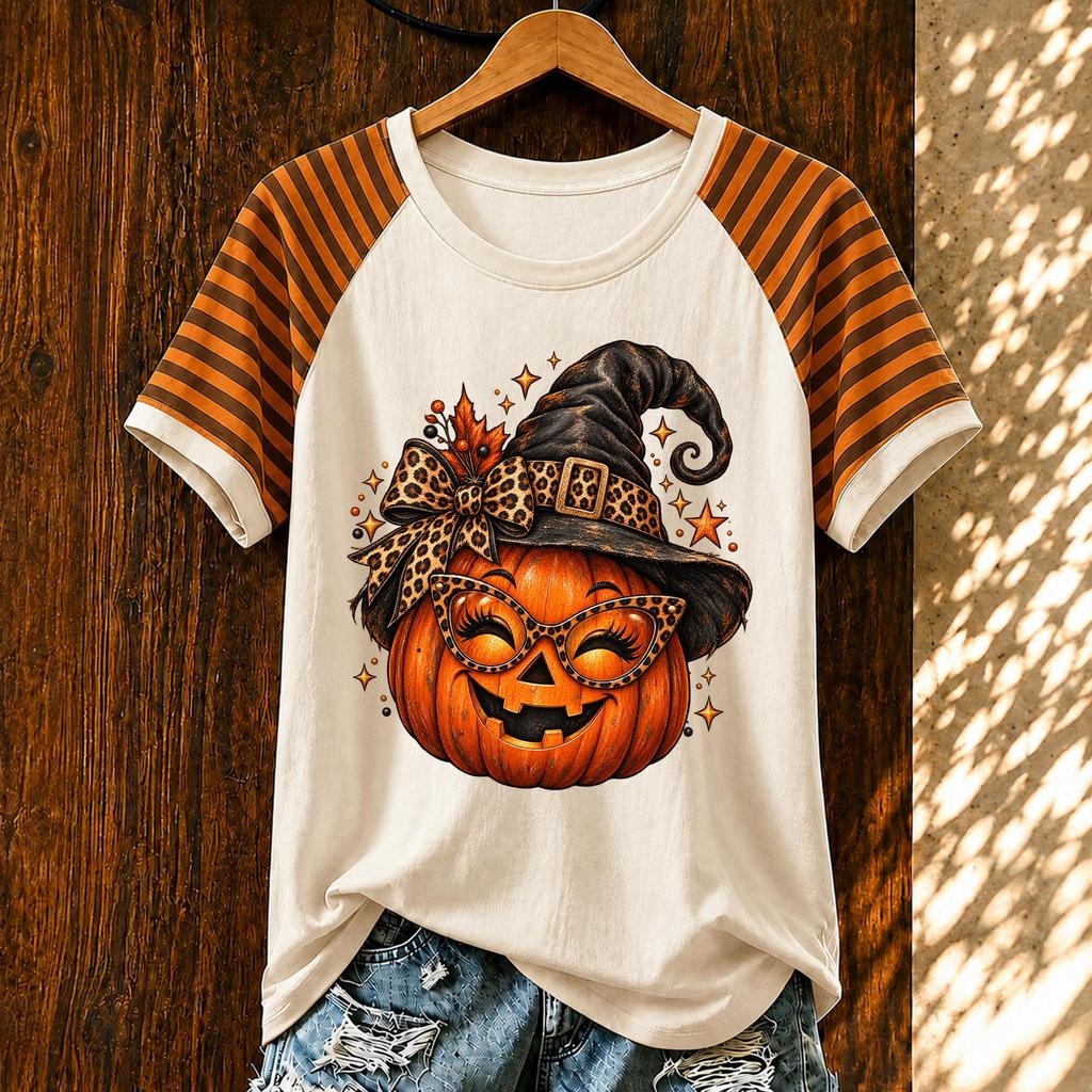 Women's Casual Halloween Striped Print Short Sleeve T-Shirt