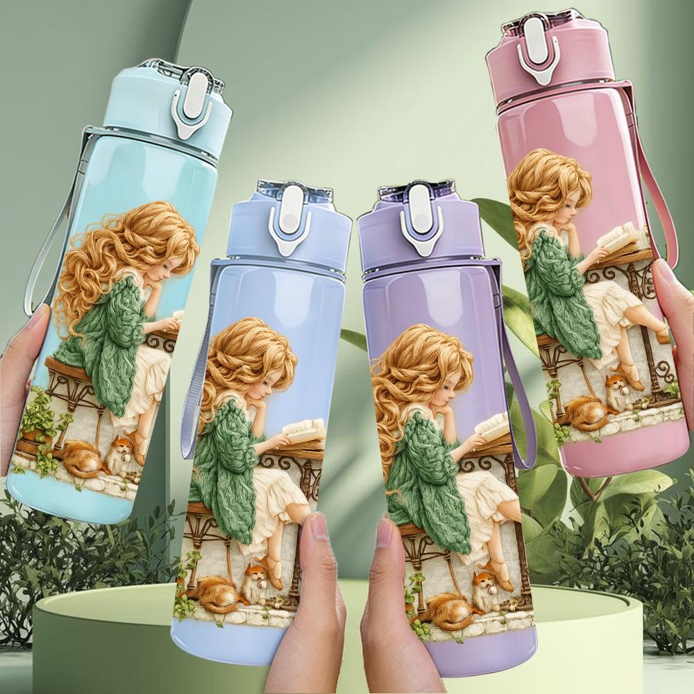 1PC Little Girl Sit Under Tree Scene Print 750ml Color Plastic Sports Water Bottle Leakproof Flip Straw Lid Suitable for Sports Office Home Use
