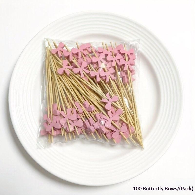 100Pcs Cute Lollipop Bow Burger Buffet Cake Cocktail Fruit Fork Disposable Bamboo Food Fruit Toothpicks For Wedding Party Decor