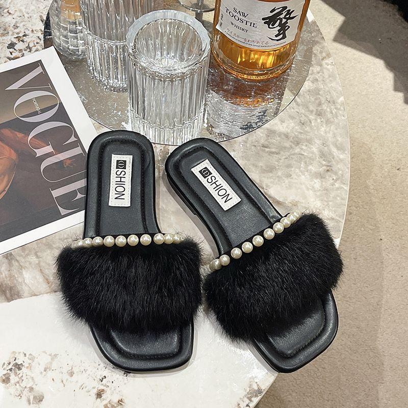 

Женские пушистые тапочки в стиле феи, для верхней одежды, летний и осенний выпуск, очаровательная французская девушка класса люкс, на плоской подошве, нескользящие 39 чёрный