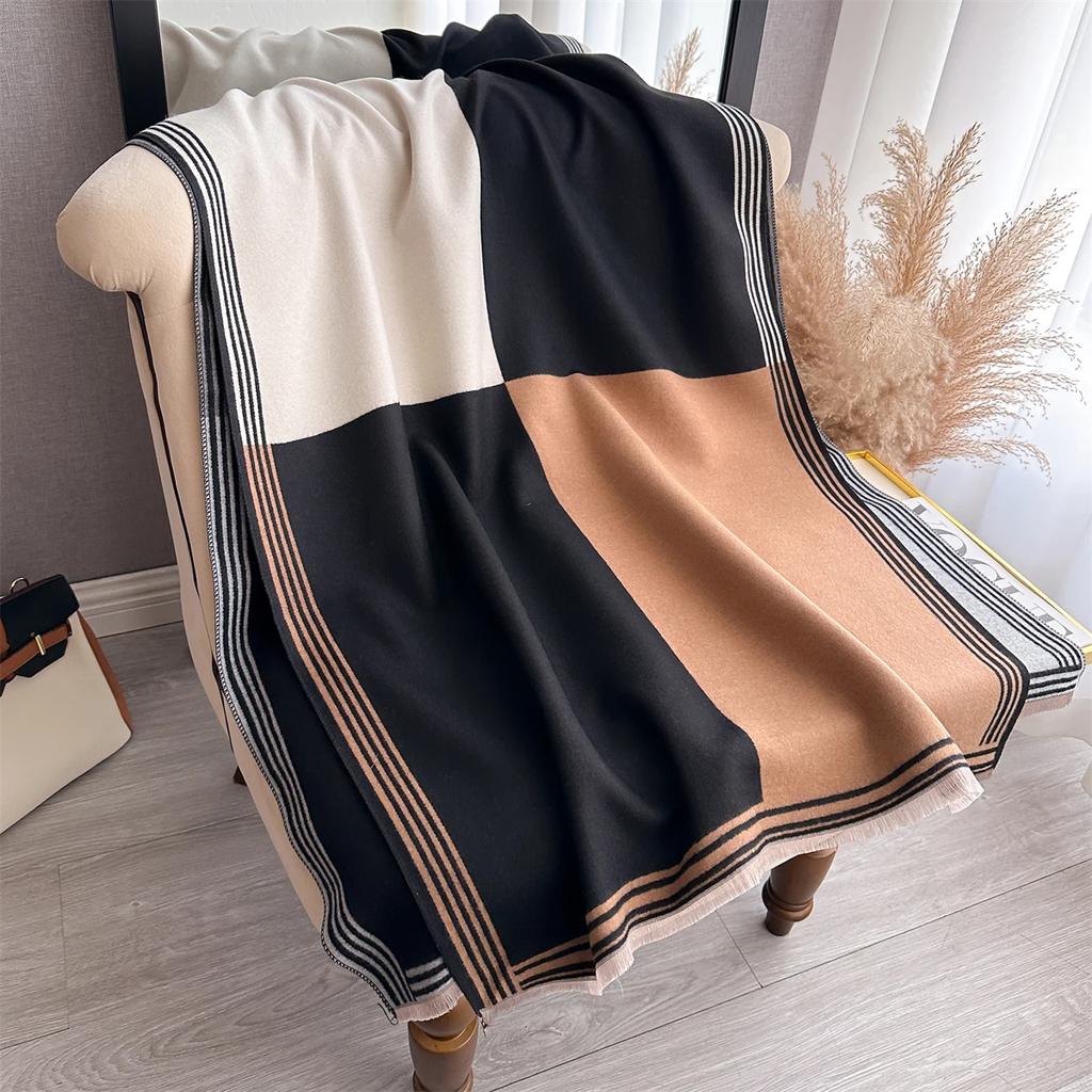 Imitation Cashmere Length Scarf Winter Women'S Geometric Splicing Warps Autumn And Winter Fashion Warm Versatile Long Shawl