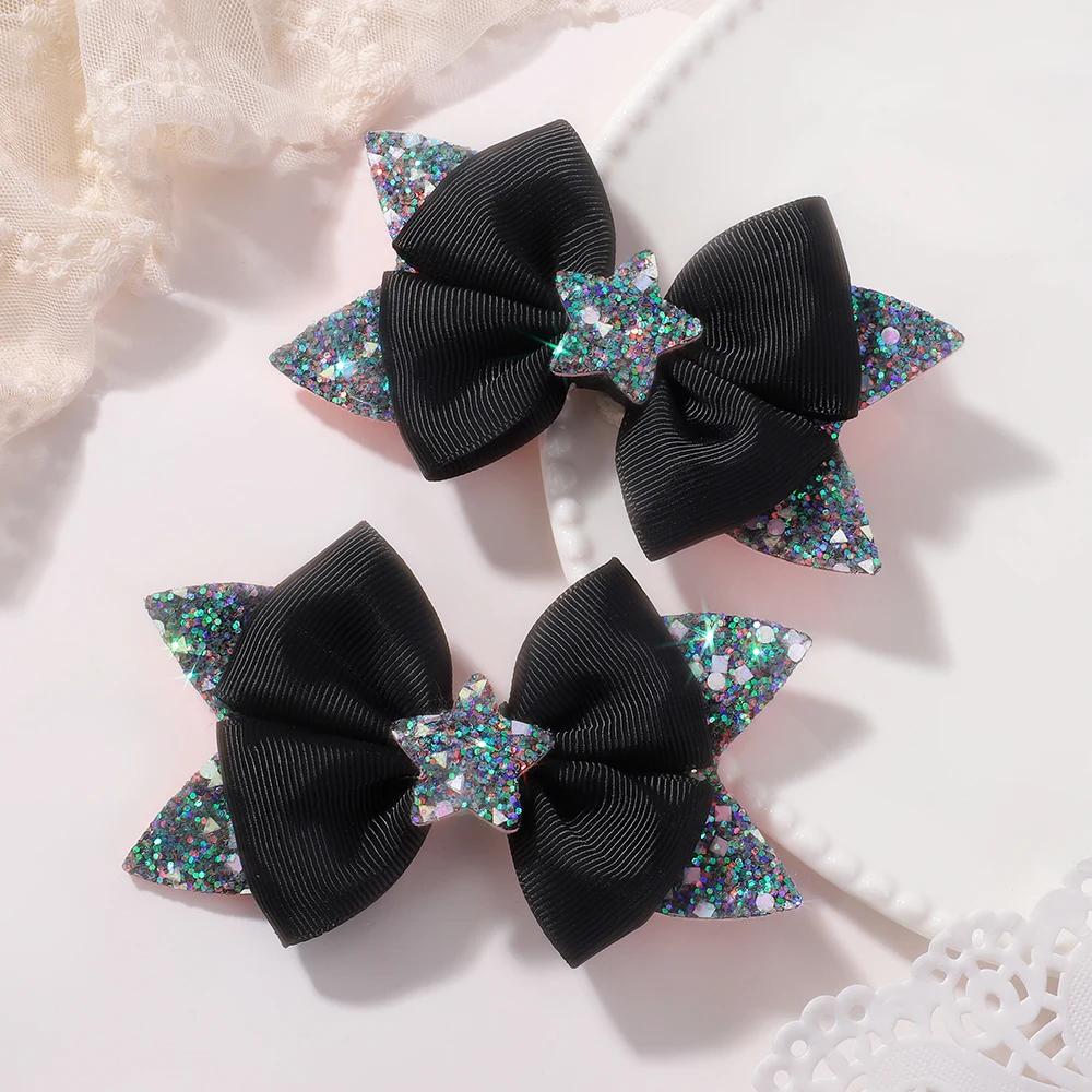 RAINBOW BOWS 2Pcs 4.33inch Star Glitter Bow Hair Clips for Girls Boutique Ribbon Dovetail Bow Barrette Headwear Hair Accessories