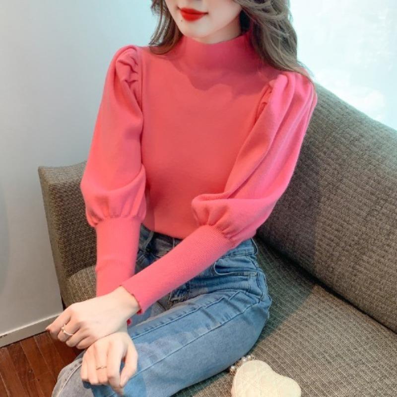 Semi-turtleneck Sweater Knitted Sweater Women's Autumn and Winter New Lantern Sleeve Bottoming Shirt Inner Top