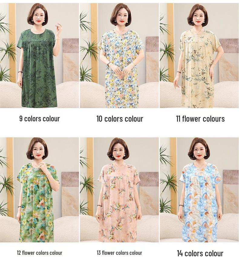 Women's Floral Print Cotton Silk Knee-Length Dress - Plus Size, Short Sleeve, Lightweight & Loose for Middle-Aged & Elderly