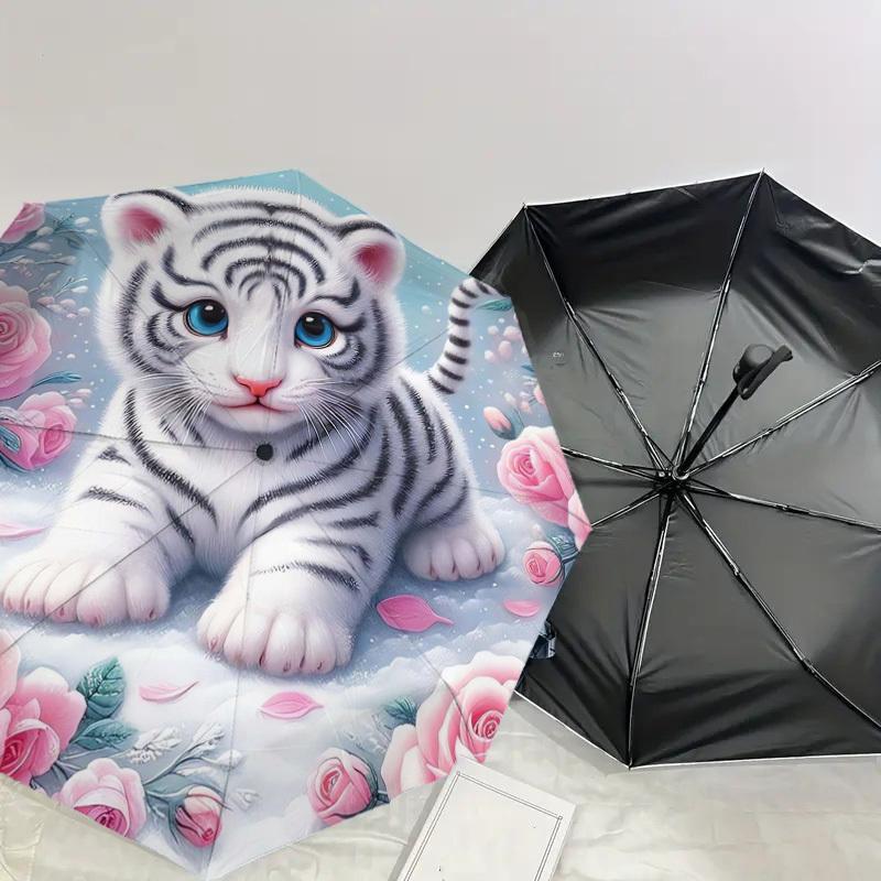 1pc Adorable White Tiger Cub with Pink Roses Umbrella with Plastic Handle,Suitable for All Seasons Home Travel Outdoor UmbrellaDD034