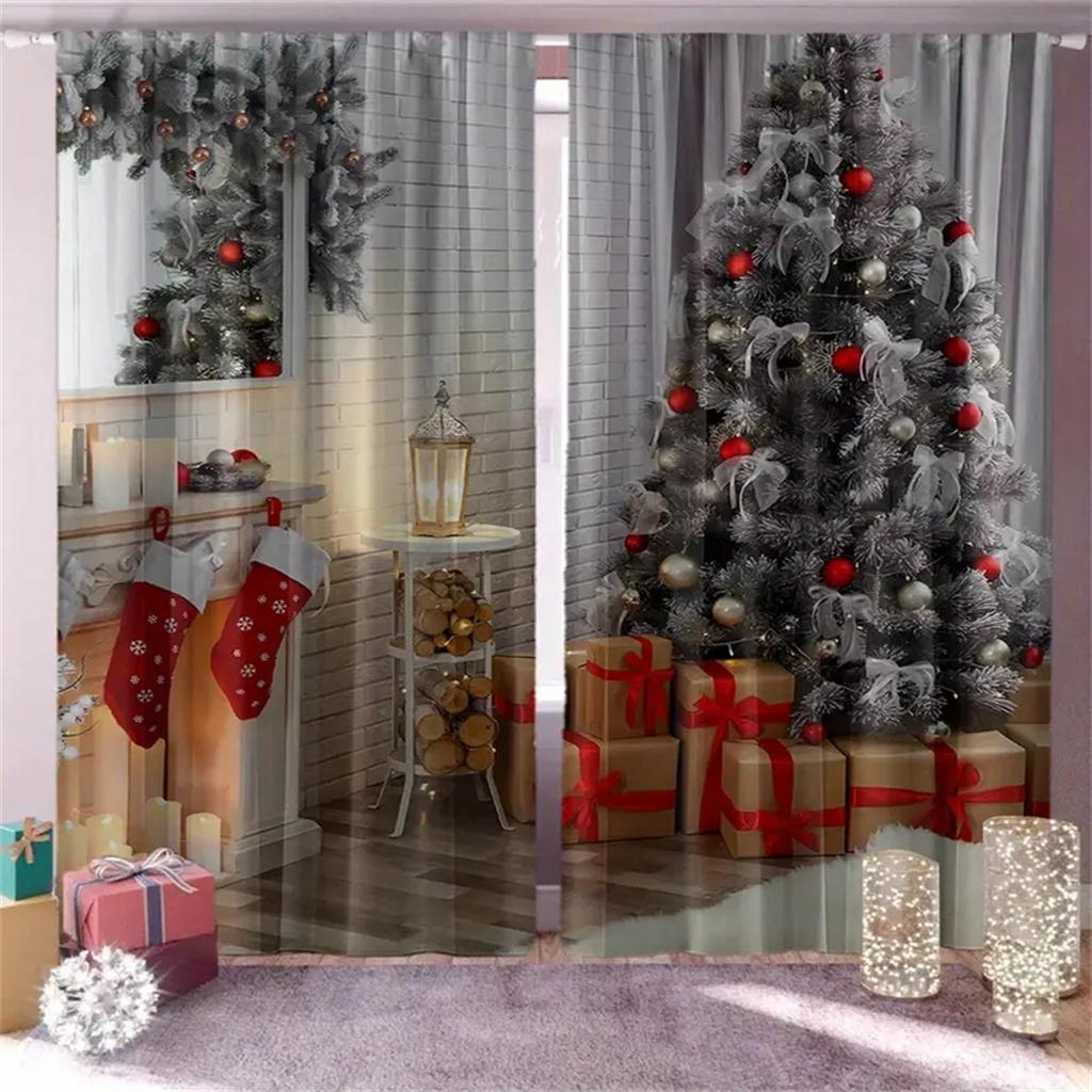 2-teilige moderne Weihnachts-Türvorhänge mit Weihnachtsstrumpf, festlicher Digitaldruck, Feiertagsdekoration für Wohnzimmer, Schlafzimmer