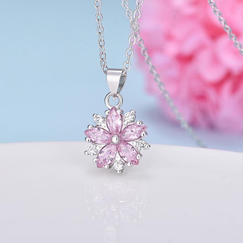 Buyee 925 Sterling Silver Flower Pendant Chain Pink & Yellow Crystal Cherry Blossoms Pendant for Woman Fine Jewelry Chain