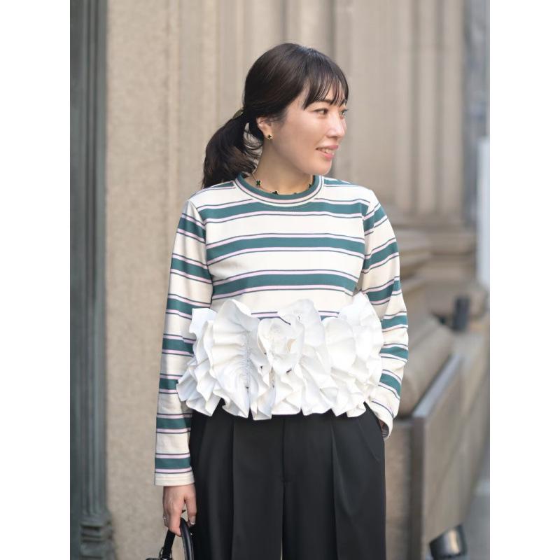 

Striped Long Sleeve Women s T-shirt with Heavy Embroidery Flower Patchwork and Button Details One Size зелёный