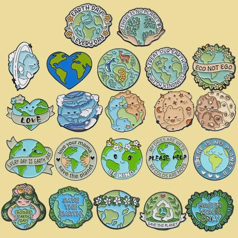 Eco-Friendly Earth Love Green Metal Brooch: Round Environmental Badge Pin
