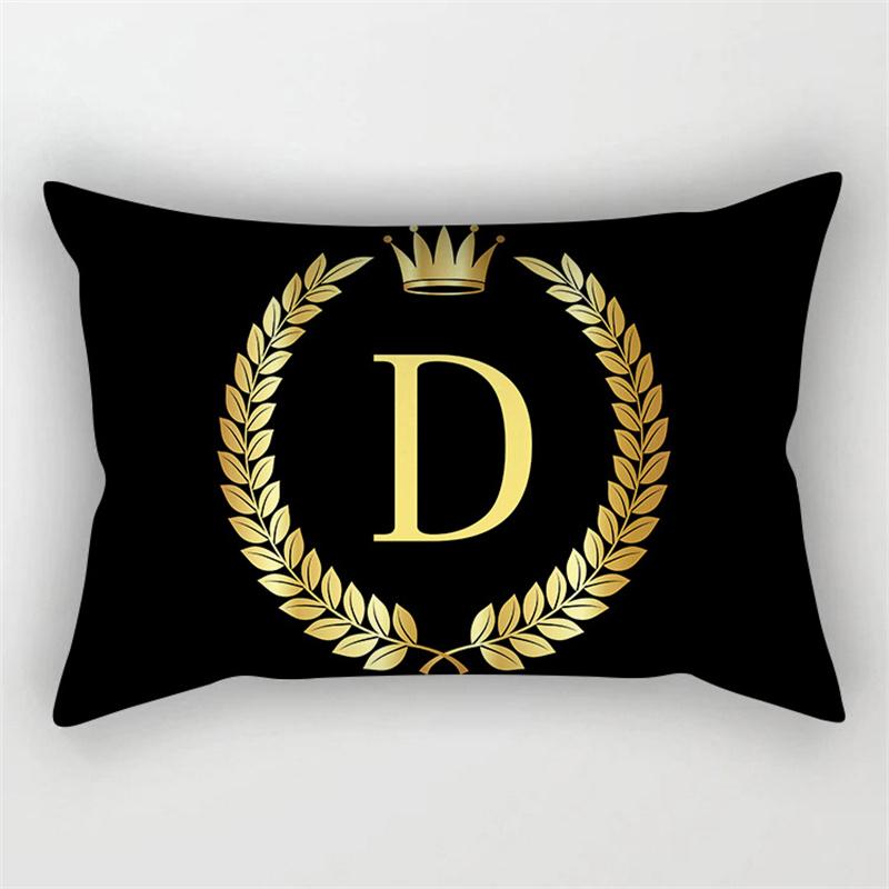 Gold Color Letter Cushion Cover 30x50cm Rectangle Pillow Case Crown Leaves Plant Polyester Black Sofa Pillow Cover Home Decor