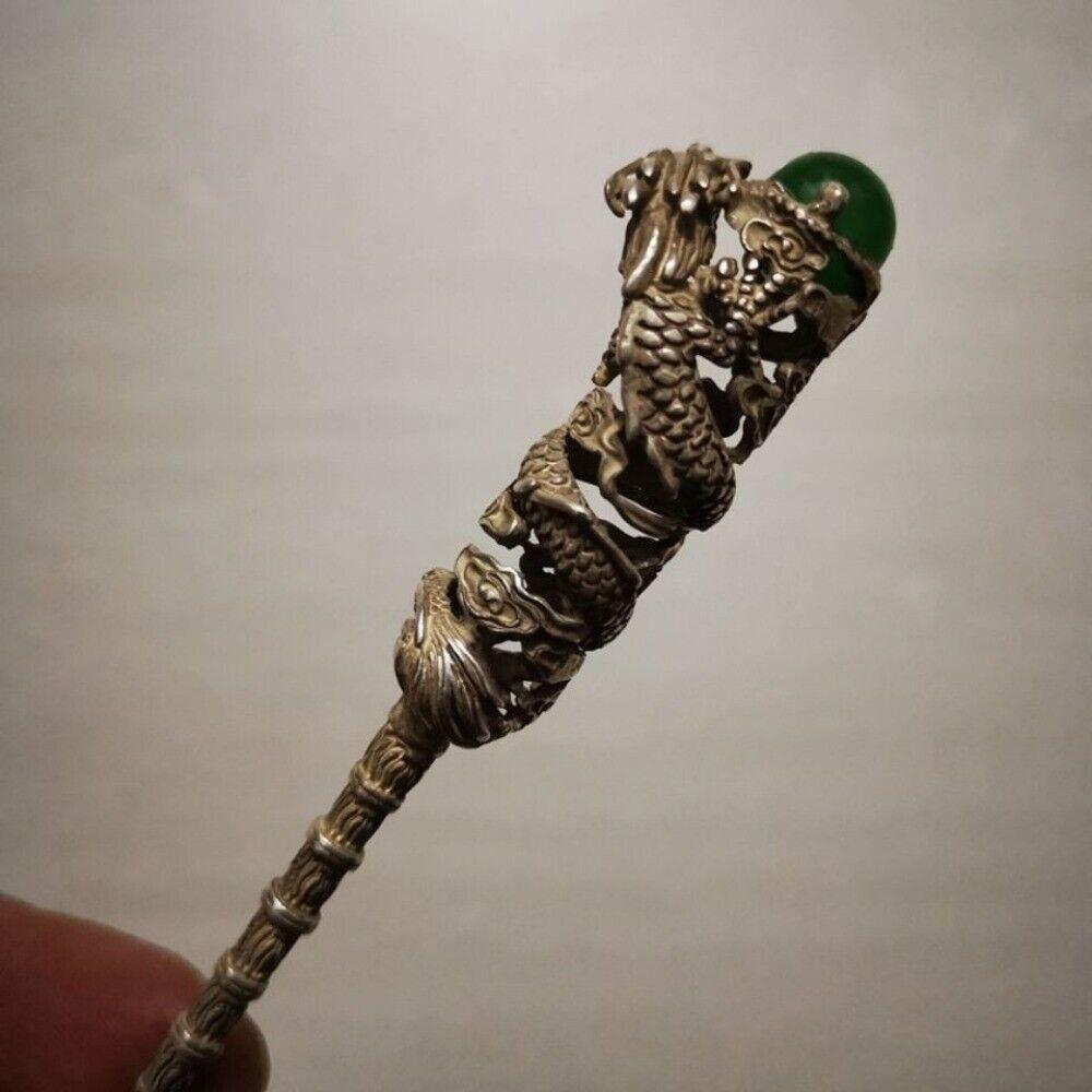 Old Chinese Tibet Silver Inlay Gemstone Handmade Hair Hairpin Statue