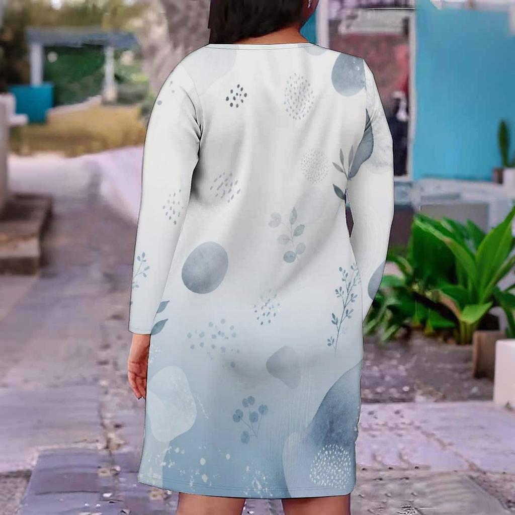 Women Plus Size V Neck Long Sleeve Printed Fitted Straight Midi Dress