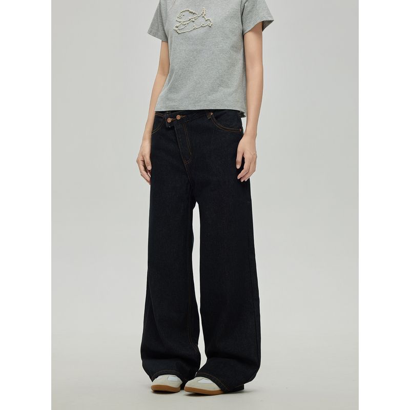 Black of Exit American High Street Letter Embroidery Irregular Design Jeans New Straight Wide-Leg Pants