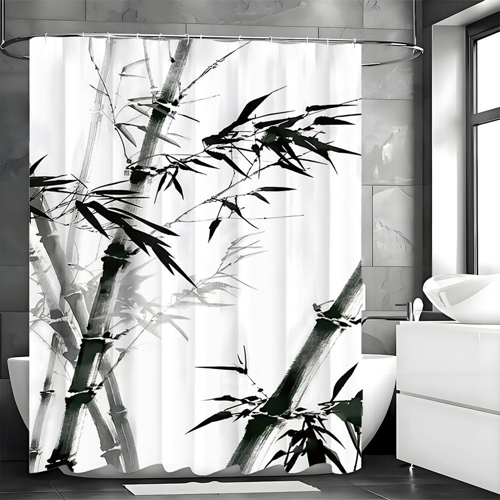 Chinese Ink Painting Bamboo Shower Curtain, Bathroom Decorative Shower Curtain, Waterproof Shower Curtain with Hooks