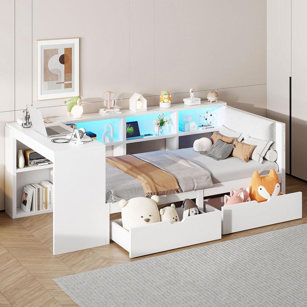 Children's Bed 90x200 Wood Single Bed Slatted Frame Storage Space USB LED Light Desk 2 Drawers Storage Compartments Shelves Daybed White
