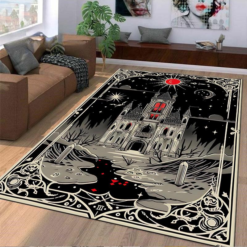 Gothic Castle Night Scene Rug with Moon and Starry Sky Print Suitable for use as an anti-slip for living room bedroom sofas
