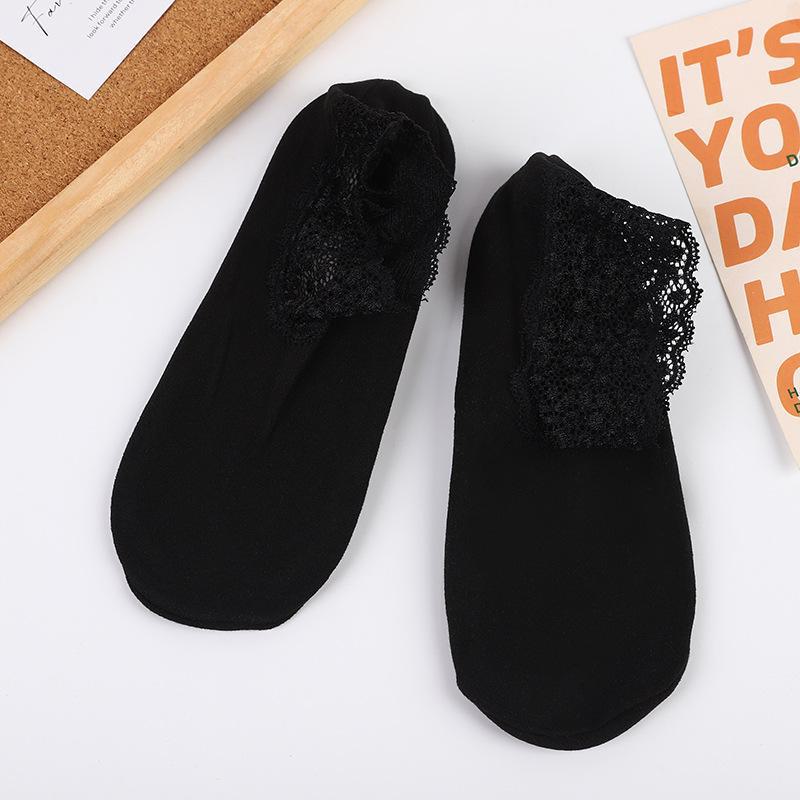

Женские осенне-зимние немецкие бархатные кружевные нескользящие носки-лодочки с силиконовыми подушечками для ног black. OPP bag + paper card чёрный