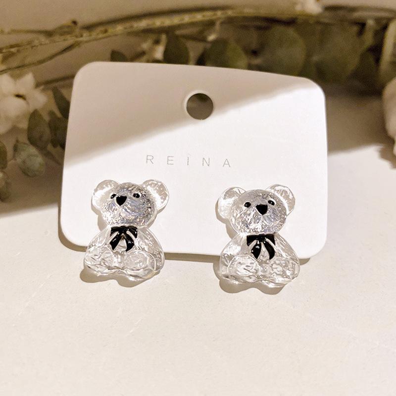 Korea Cute Teenage Girl Heart Transparency Little Bear Earrings Unique Design Simple Jewelry Party Birthday Gift