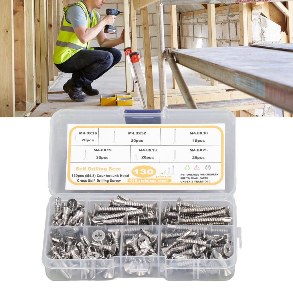 130PCS Flat Head Cross Screw Stainless Steel M4.8 Rust Proof Self Drilling Screws for Fiberglass