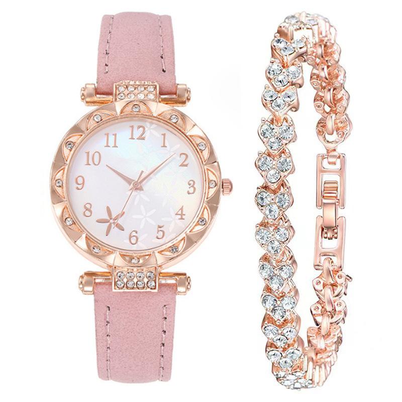 6 Peças/Conjunto Relógio Feminino Moda Flores Pulseira de Couro Relógios Analógicos de Quartzo Conjunto de Joias Borboleta(Sem caixa)