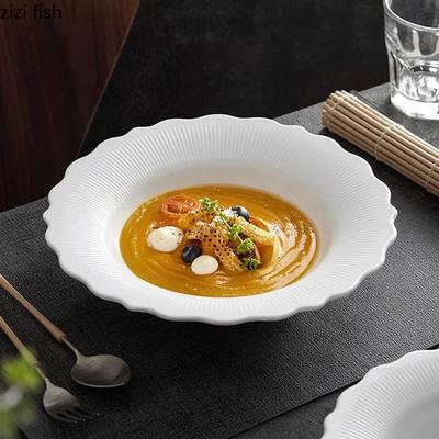 Keramik Reinweiß Blumenform Suppenteller Restaurant Tiefer Teller Salatteller Pastateller Dessertteller Spezialgeschirr
