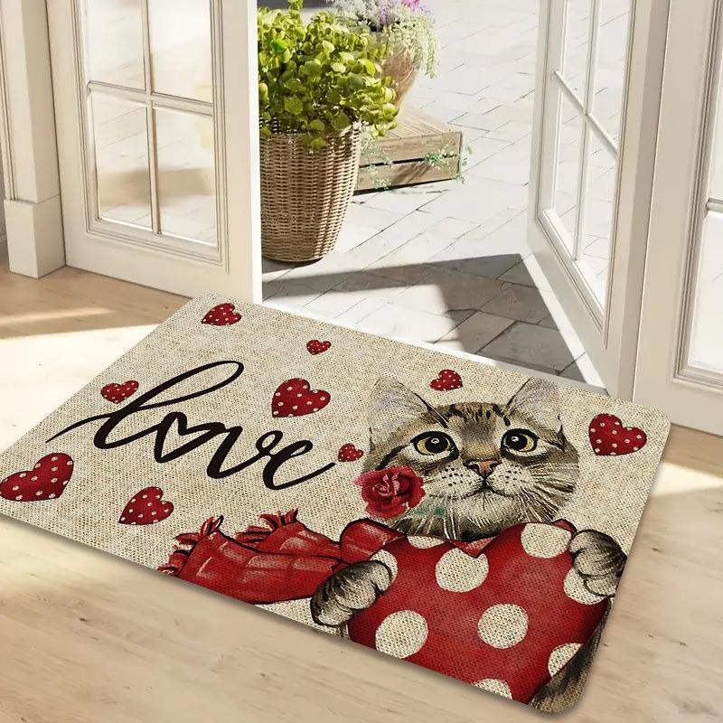 Rose Cat Valentine's Day doormat, easy to clean and durable