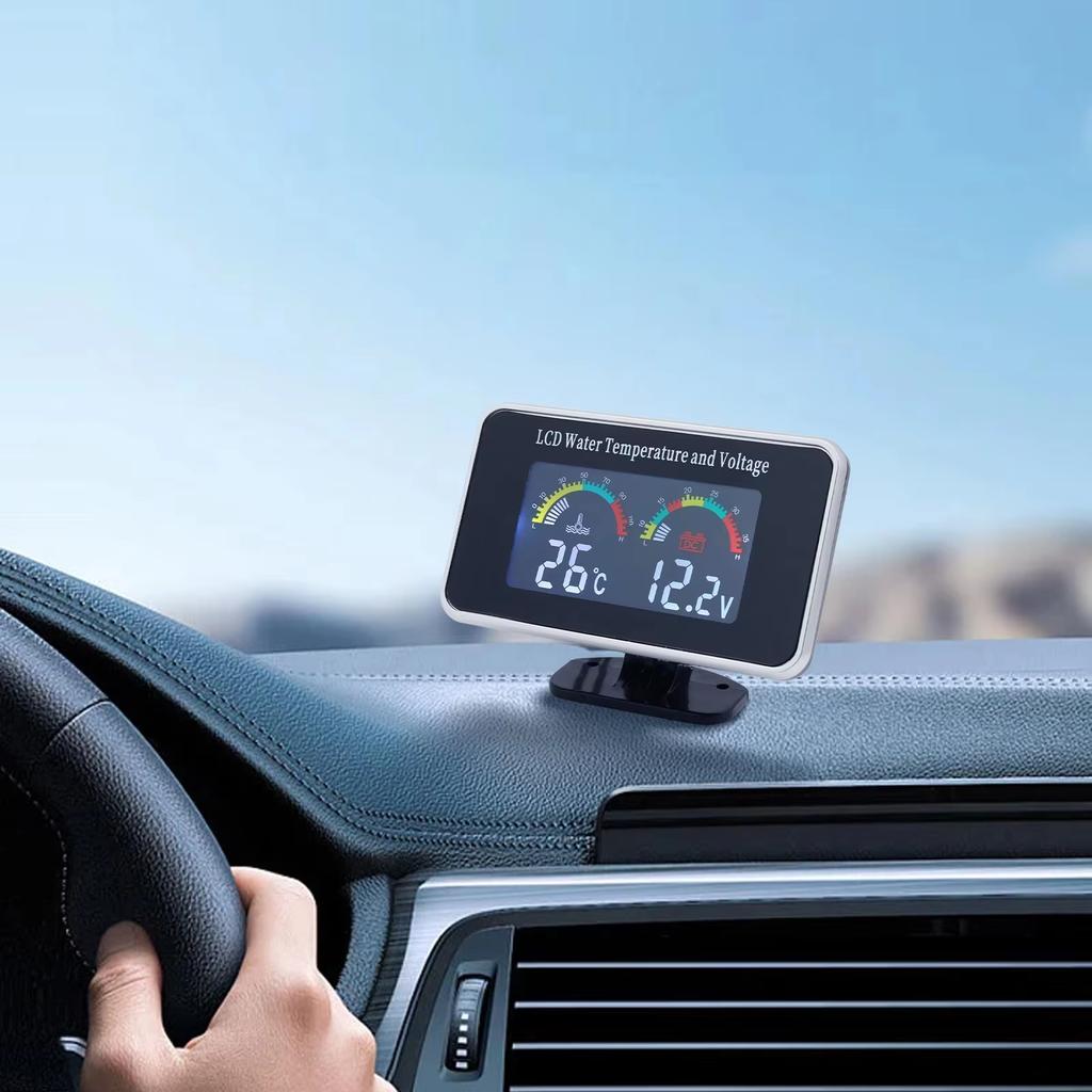 HD LCD 2 in 1 Car Water Temperature Gauge Voltmeter Waterproof 10mm Sensor 12V 24V for Car Truck SUV RV with Alarm Function