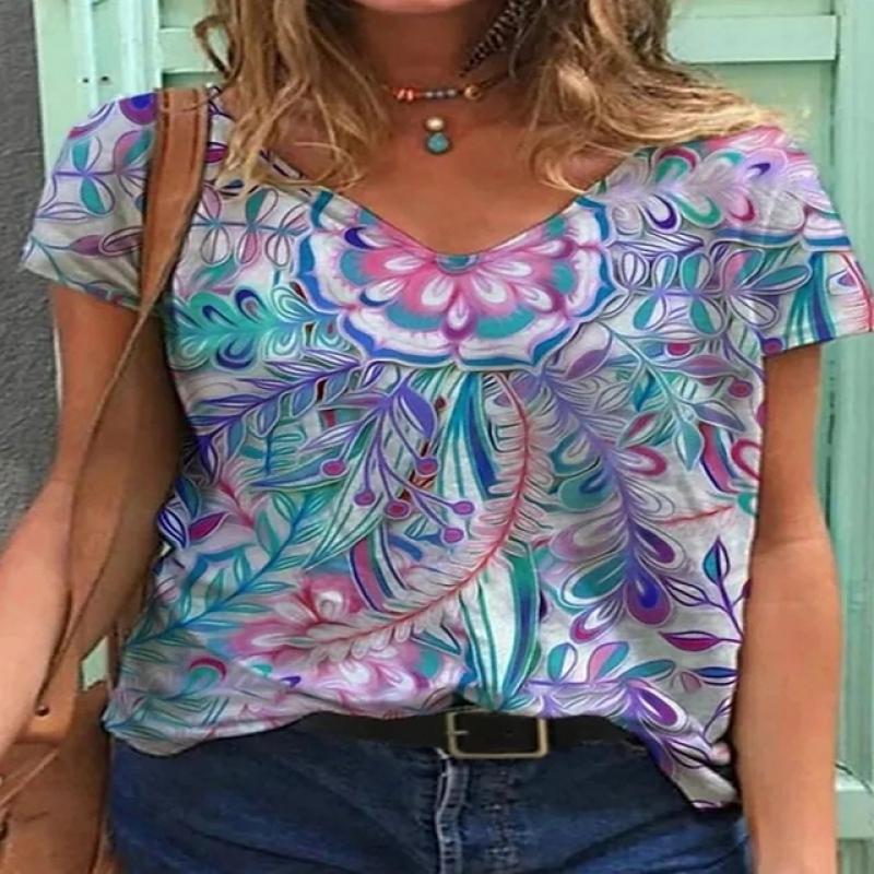 T-skjorte med V-hals for kvinner Street Trend Fritidsskjorte 3d-trykk Allsidige klær Løs mote Komfortabel halvermet
