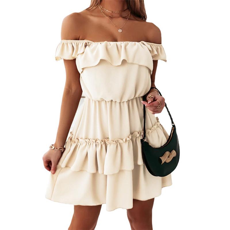 S-XXL New Summer Women's Solid Color Sling Stitching Double Layer Ruffle Dress Long Dress