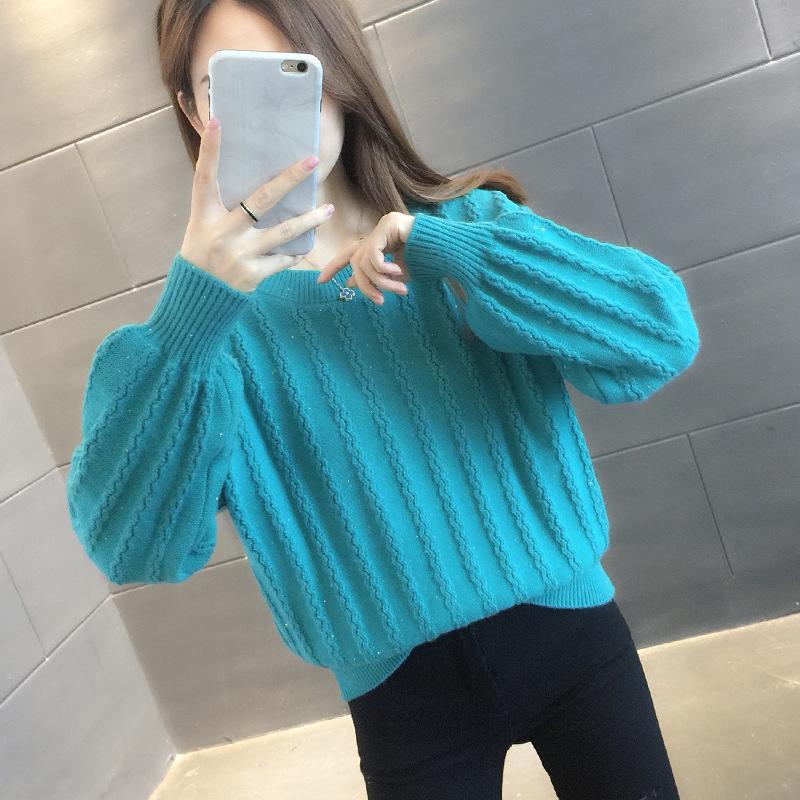 

Темпераментный простой стиль однотонный свитер с круглым вырезом и рукавами-фонариками весенне-осенняя модная верхняя одежда вязаная базовая рубашка женская average size 57-53 синий