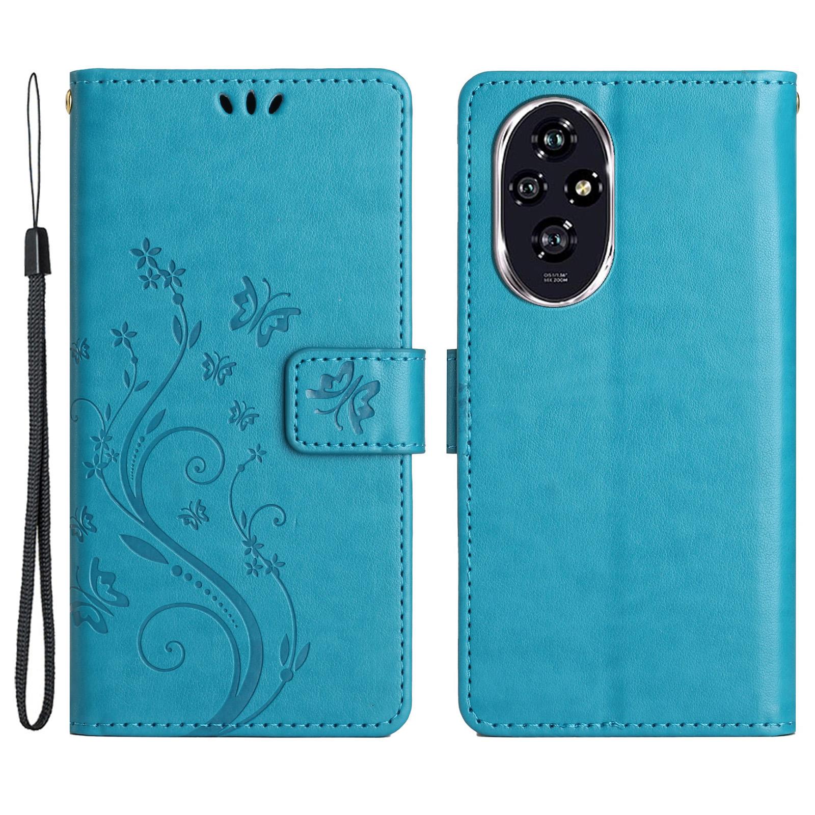 

For Honor 200 Pro 5G Case Butterfly Flower Pattern Leather Phone Wallet Cover Blue