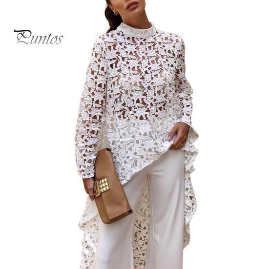 

Женское длинное платье с вырезом сверху, нерегулярным вязанием крючком, кружевом, цветочным узором, прозрачной короткой передней частью и длинной задней частью, с полувысоким воротником и длинными рукавами S белый