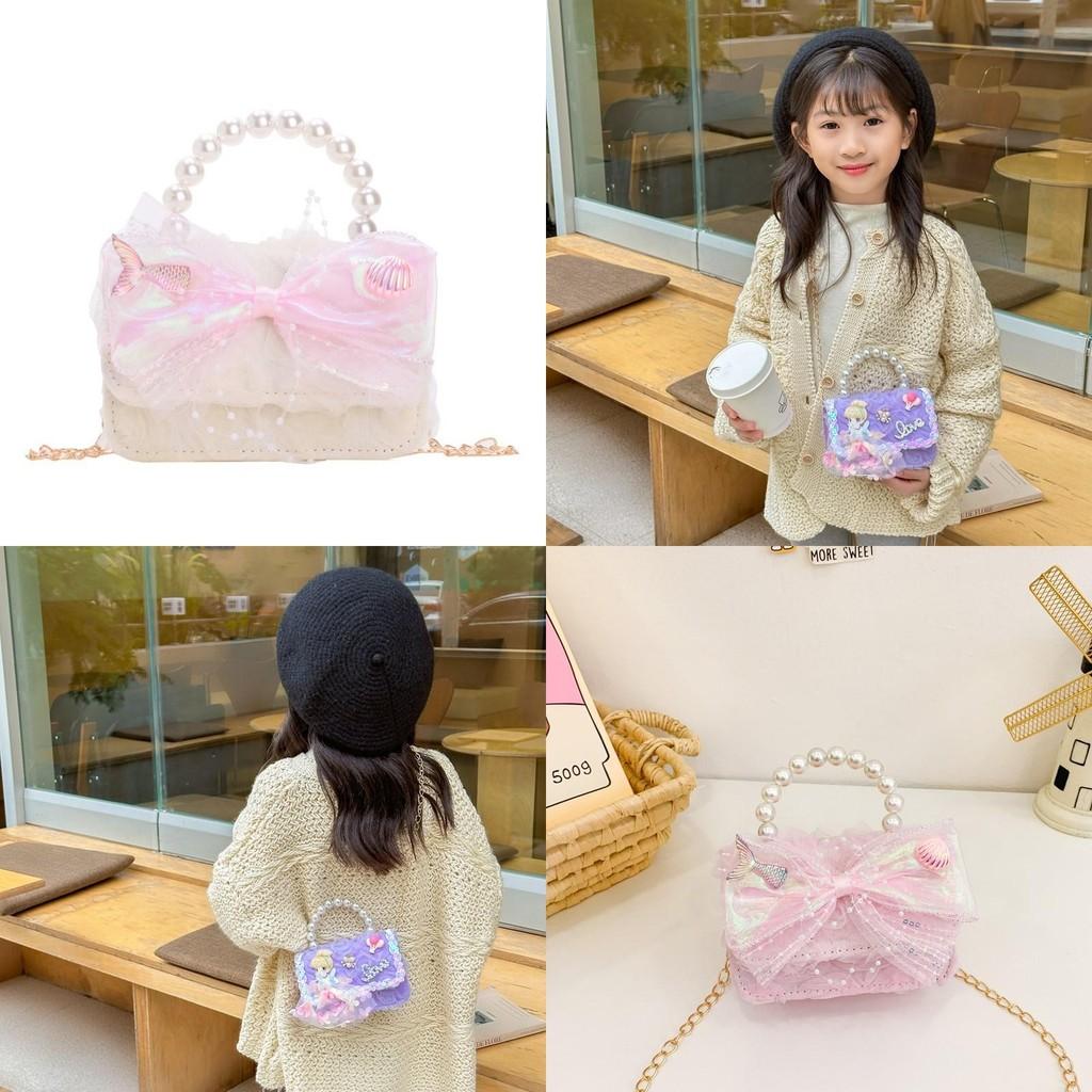 Stylish Pearl Handheld Shoulder Bag For Girls In Pink Beige And Purple With Bow Pattern