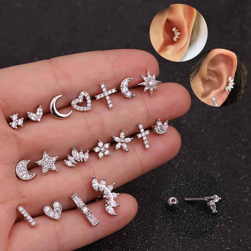 Titanium Stainless Steel Zircon Crown Twist Ball Earrings for Piercing