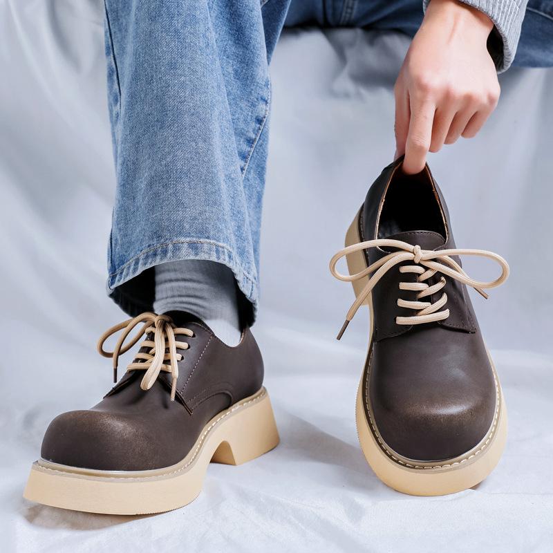 2024 new autumn and winter big head derby shoes for men and women, high-end feeling warped head and thick sole heightening leather shoes British style