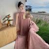 Seaside Vacation Beautiful Fairy Dress French Raspberry Pink Jacquard Mesh Neck Dress Fake Two Dressing Gown Skirt