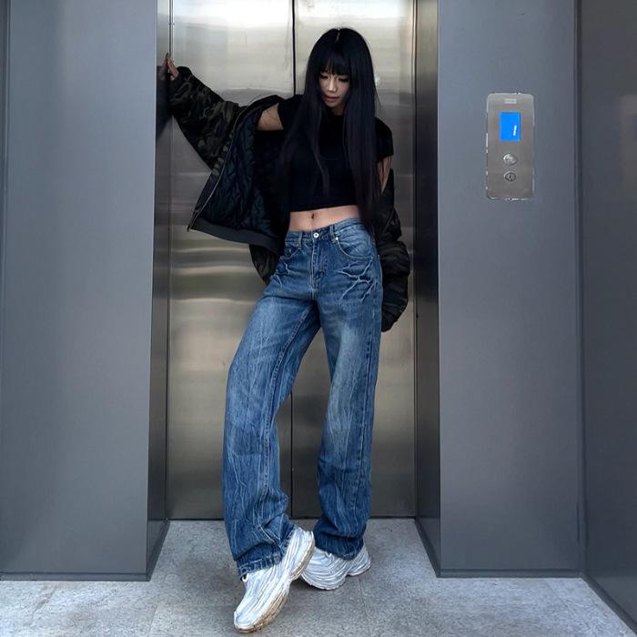 

Свободные прямые брюки Lightning Crack с высокой талией для женщин, весна, настоящие джинсы для женщин, весна, узкие широкие брюки для женщин XL