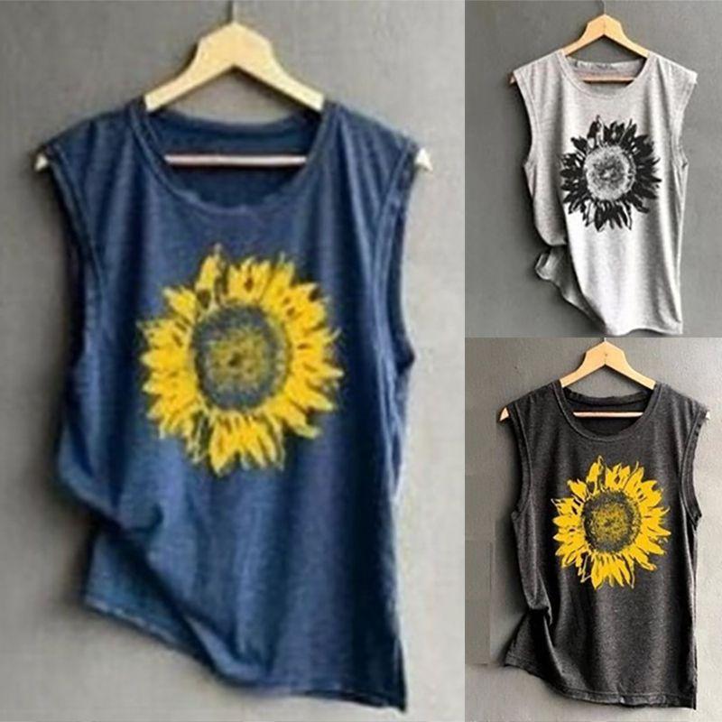 Womens Sleeveless Sunflower Tops Blouse Ladies Vest Tank Pullover Tshirts Tee